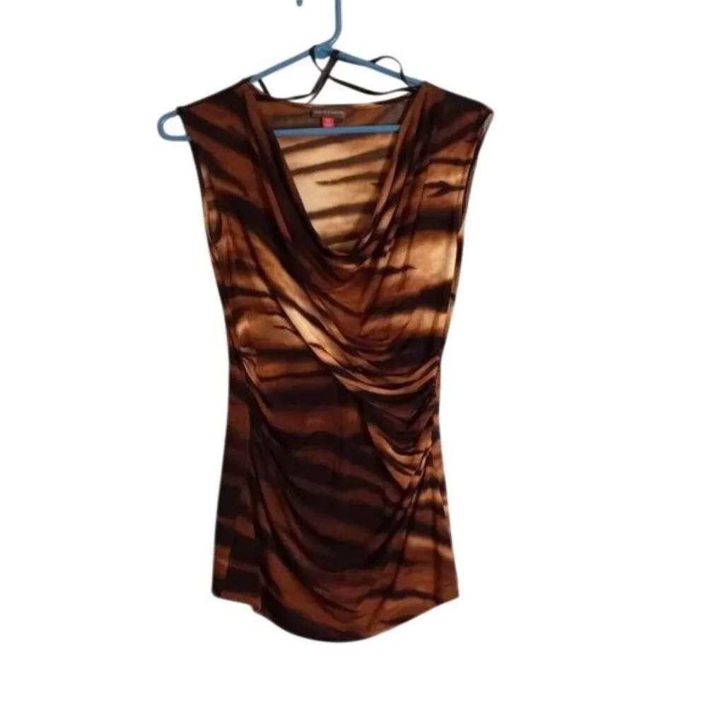 Vince Camuto XS Top Sleeveless Tiger Print Drape Neck Polyester Spandex Ruched - Picture 4 of 9